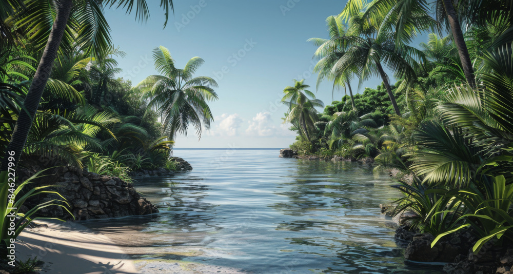 peaceful atmosphere of a tropical paradise, where lush vegetation flourishes amidst a backdrop of gentle ocean breezes and clear blue skies peaceful atmosphere of a tropical paradise, where lush vegetation flourishes amidst a backdrop of gentle ocean breezes and clear blue skies