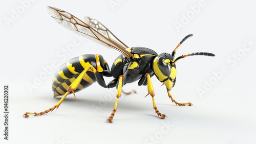 Detailed Macro Image of a Yellow and Black Wasp in Perfect Clarity on a Plain White Surface