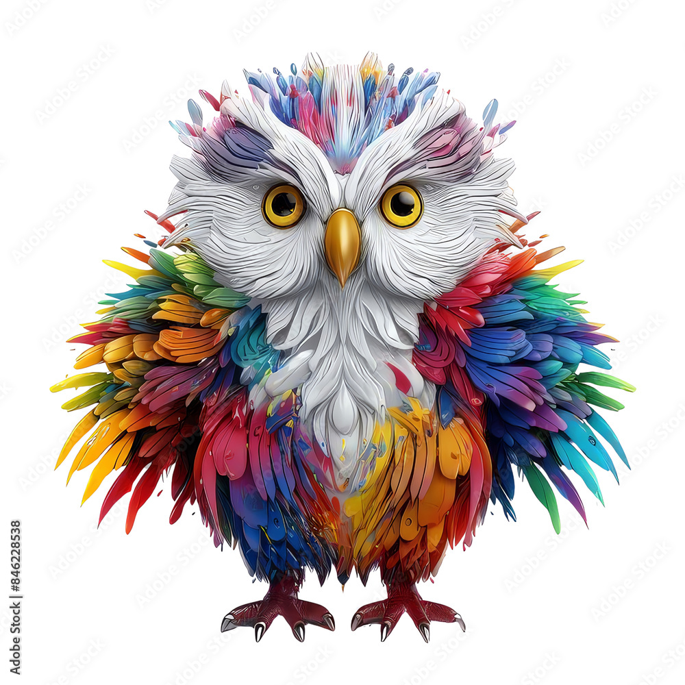 A colorful, whimsical owl with feathers made of paint, looking directly at the viewer.  A playful and creative design.