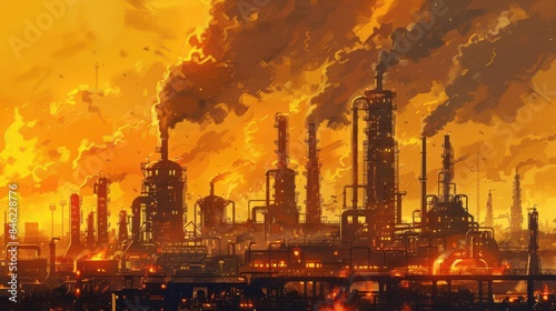 Oil refinery with complex machinery