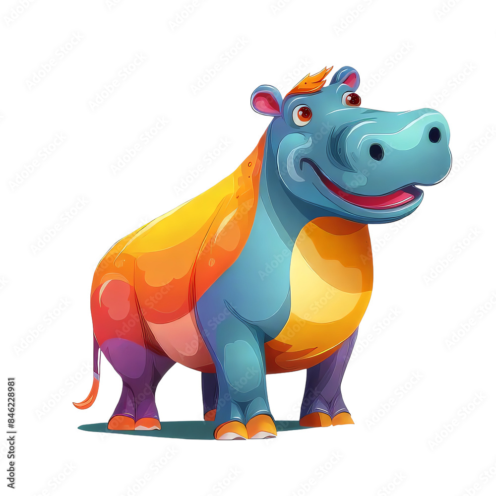 A colorful cartoon hippopotamus with a big smile stands on a selected background. A colorful cartoon hippopotamus with a big smile stands on a selected background.