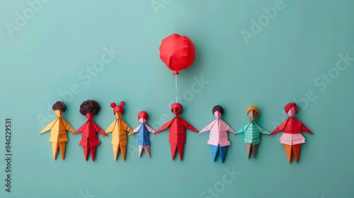 origami chain people with balloon. generative ai