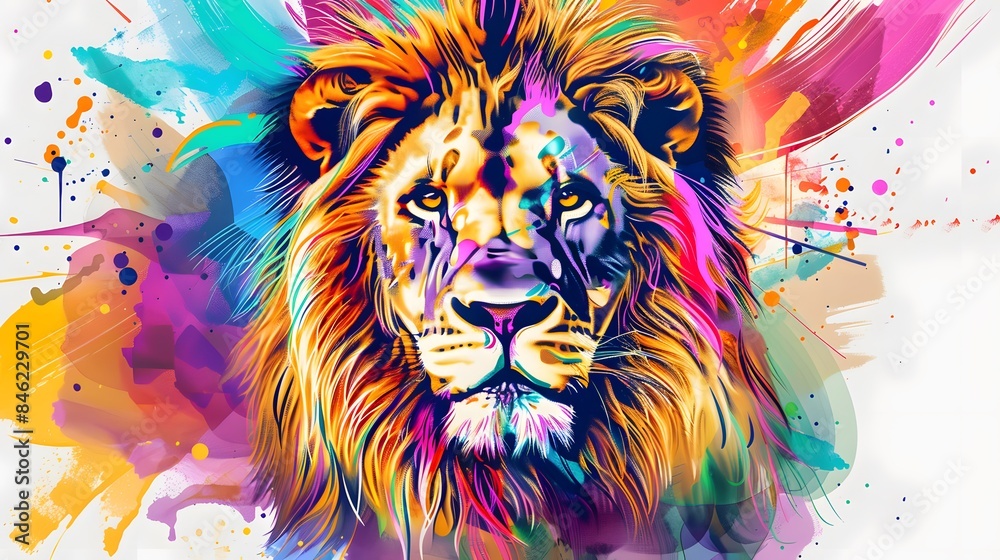 creative colorful lion king head on pop art style with soft mane and color background creative colorful lion king head on pop art style with soft mane and color background