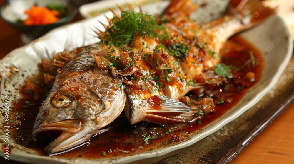 The elegant presentation of a whole roasted fish expertly seasoned and garnished with fragrant herbs served on a bed of soft pillowy sand. The elegant presentation of a whole roasted fish expertly seasoned and garnished with fragrant herbs served on a bed of soft pillowy sand.