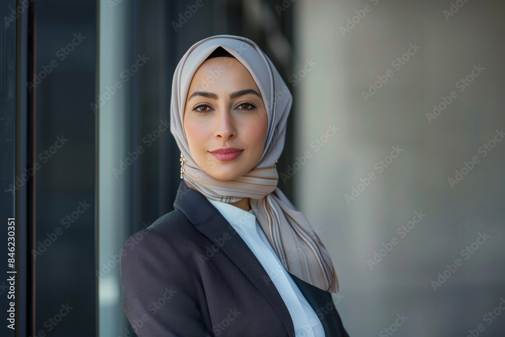 A woman wearing a black suit and a tan scarf stands in front of a bookcase. She has a serious expression on her face A woman wearing a black suit and a tan scarf stands in front of a bookcase. She has a serious expression on her face