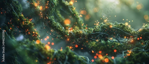 Design a photorealistic image at eye-level angle, showcasing a complex network of vibrant, intertwining vines with tiny glowing flowers, evoking a sense of natural harmony,