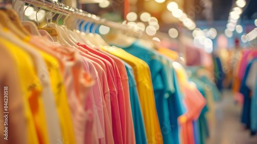 Close-up of colorful summer clothes on a rack in a store, vibrant patterns and bright hues, lively shopping atmosphere