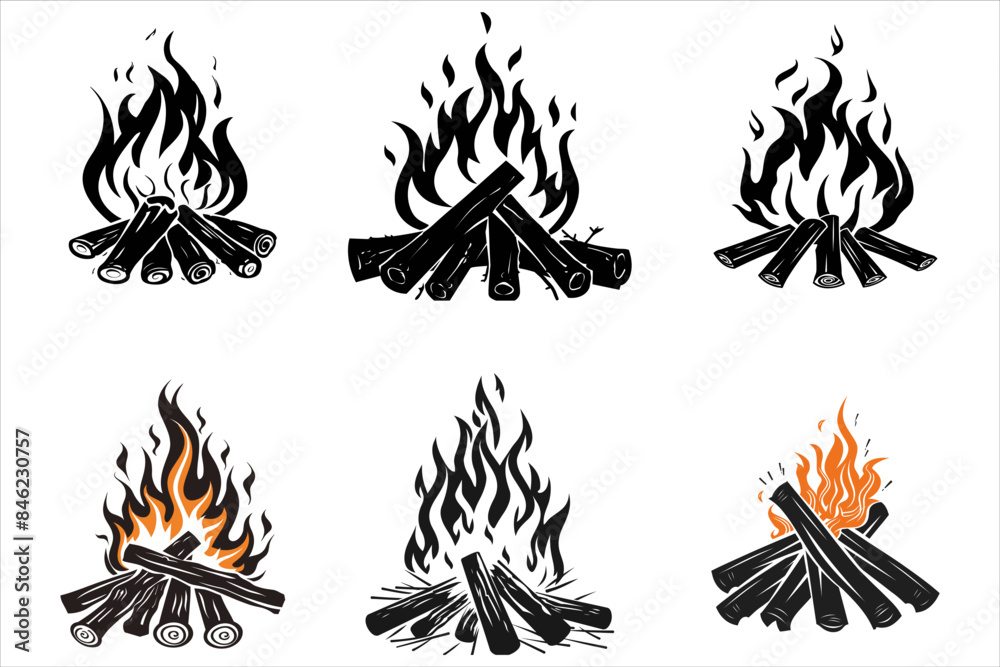 Campfire icon silhouette vector bundle set, flame burning bonfire silhouette Campfire icon silhouette vector bundle set, flame burning bonfire silhouette
