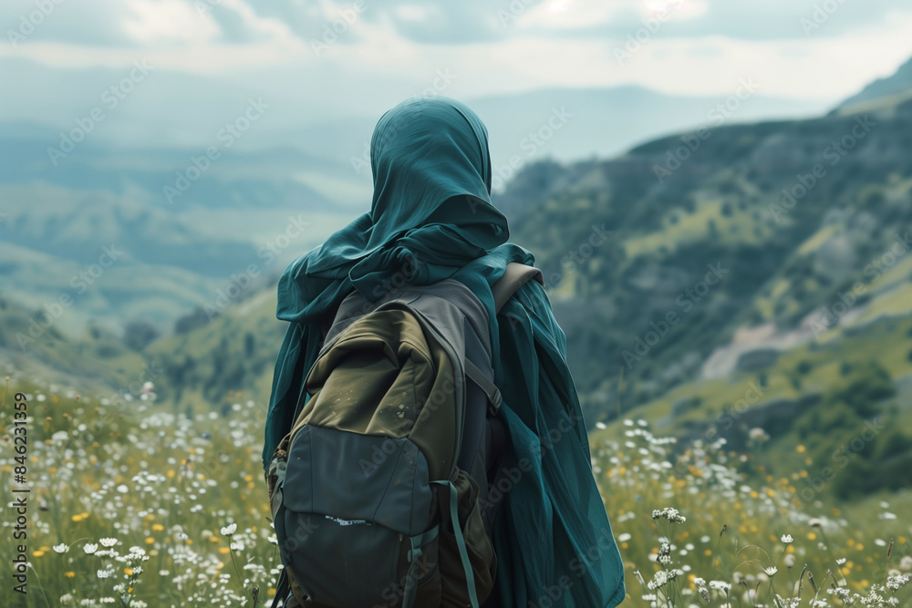 A woman wearing a blue scarf and a green backpack is standing in a field of flowers. The scene is peaceful and serene, with the woman looking out over the hills