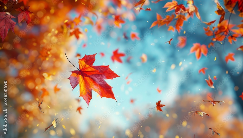 autumn with its vibrant display of colorful leaves. Images under this category should showcase the rich and varied hues of red, orange, and yellow leaves against a backdrop of trees or a clear sky