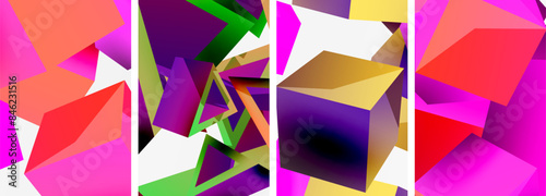 Flying 3d shapes, cubes and other geometric elements background design for wallpaper, business card, cover, poster, banner, brochure, header, website