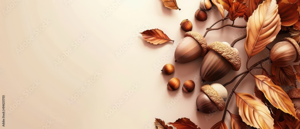 Fototapeta premium 3D acorns and leaves on matte background, ample copy space, warm hues,