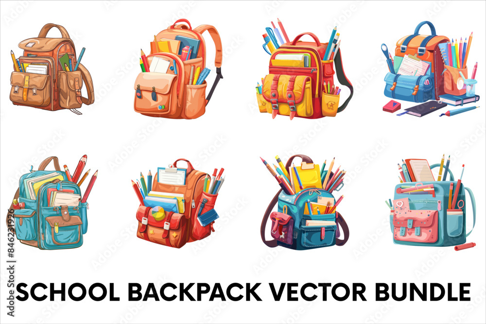 Fototapeta premium School Backpack Vector with School Accessories Stationery and study elements.