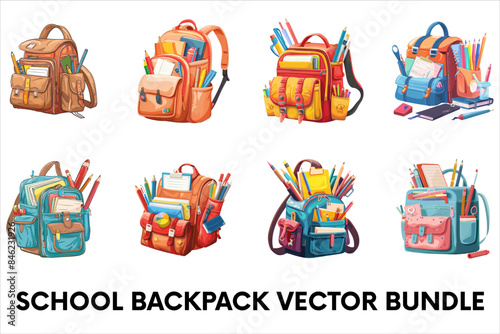 School Backpack Vector with School Accessories Stationery and study elements.