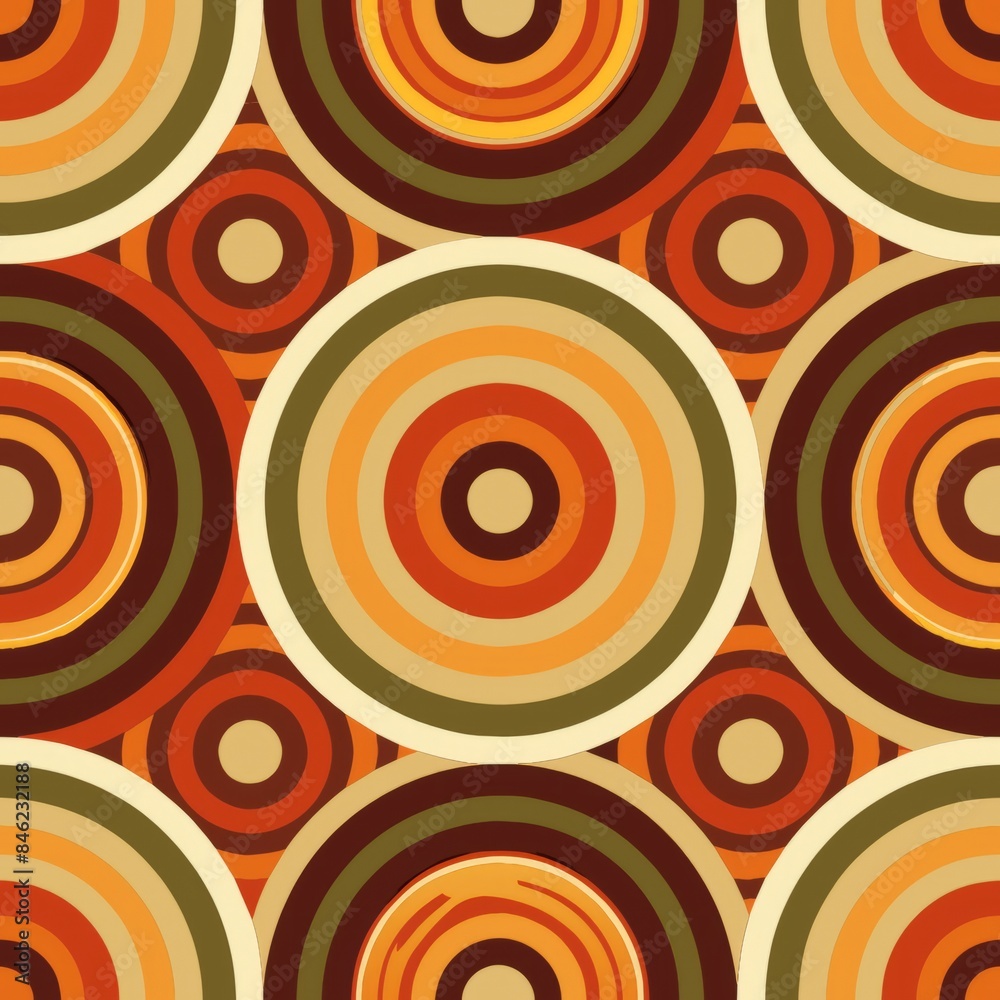 Seamless pattern of halftone retro concentric circles in earth tones, Generative AI