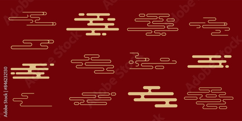 Asian gold cloud set, traditional abstract collection isolated on red background. Chinese decoration for celebration.