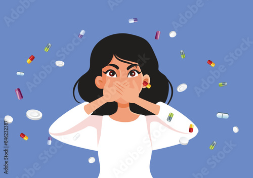Woman Feeling Nauseated Surrounded by Many Pills Vector Cartoon. Unhappy girl feeling dizzy and uncomfortable 

