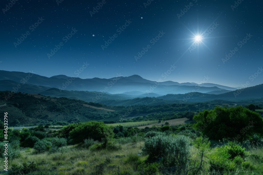A panoramic night view of a countryside mountain range, softly illuminated by moonlight A panoramic night view of a countryside mountain range, softly illuminated by moonlight
