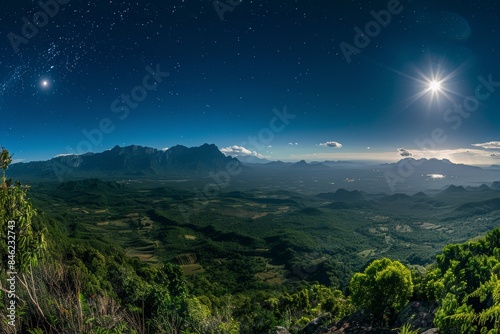 A panoramic night view of a countryside mountain range, softly illuminated by moonlight