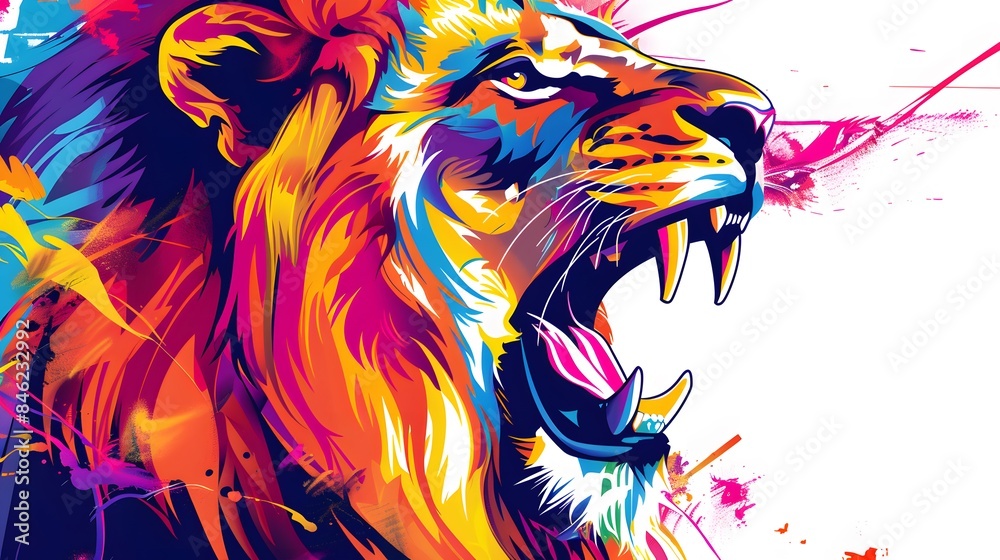 creative colorful lion king head on pop art style with soft mane and color background creative colorful lion king head on pop art style with soft mane and color background