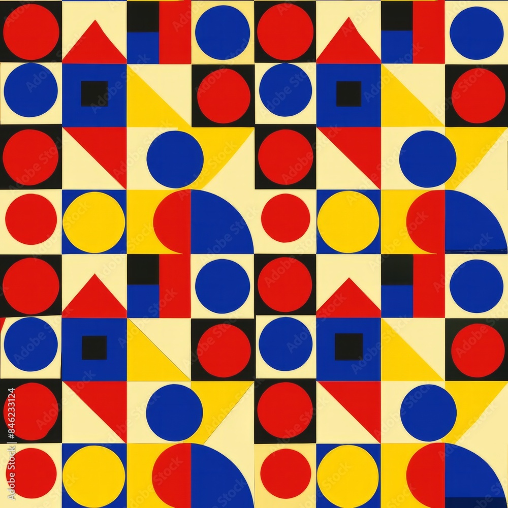 Seamless pattern of halftone retro geometric shapes in primary colors, Generative AI Seamless pattern of halftone retro geometric shapes in primary colors, Generative AI