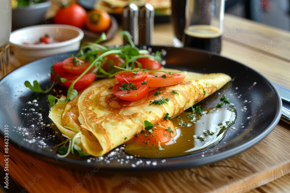 A modern restaurant serving vegetable crepes as part of a brunch menu A modern restaurant serving vegetable crepes as part of a brunch menu
