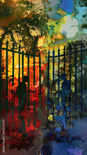 Vivid abstract artwork with silhouettes of people behind iron fences under a colorful sky. © Allen Stoner