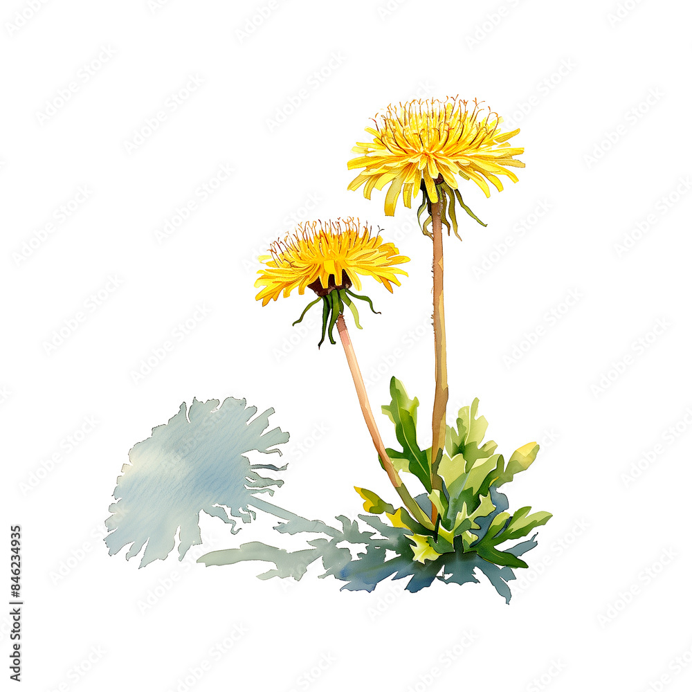 Obraz premium Watercolor illustration of dandelion and dandelion fluff on white background.
