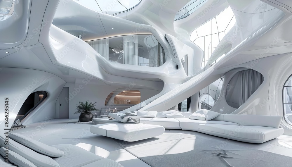 Futuristic architectural design with white decor,