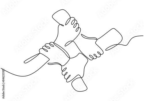 People unite their hands together continuous line drawing isolated background for Teamwork concept.