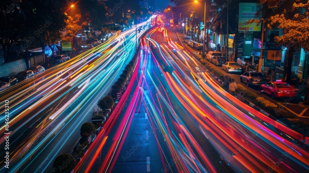 Blurred lights on the highway from passing cars Blurred lights on the highway from passing cars