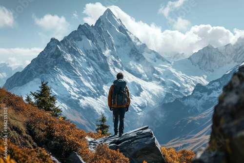 Young man with backpack hiking mountains - Generative AI 