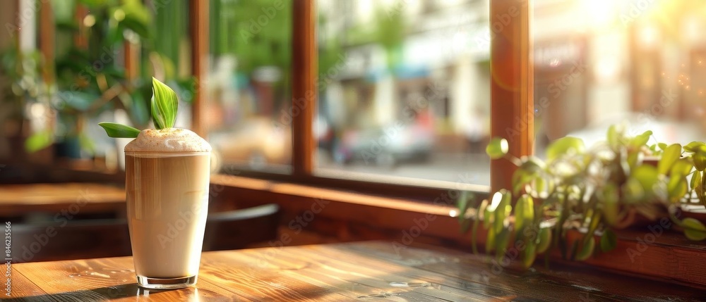 Generate a detailed long shot of a dairy-free coconut milk latte served in a trendy cafe setting Generate a detailed long shot of a dairy-free coconut milk latte served in a trendy cafe setting