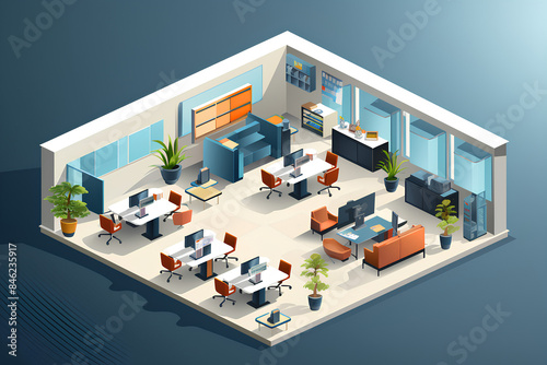 Isometric flat 3d abstract office floor interior department interior department vector. conference room, office, workplace