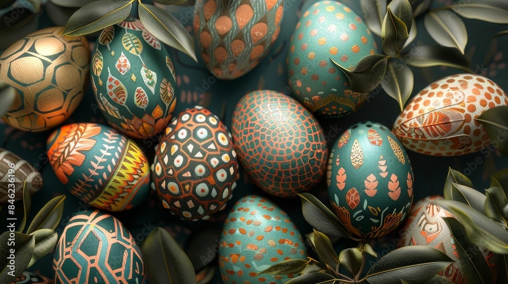 Geometric shapes with intricate patterned Easter eggs, Geometric shapes with intricate patterned Easter eggs,