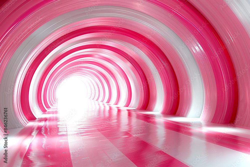 A pink and white striped tunnel with a light shining through it. The tunnel is long and narrow, and the pink and white stripes create a sense of movement and energy