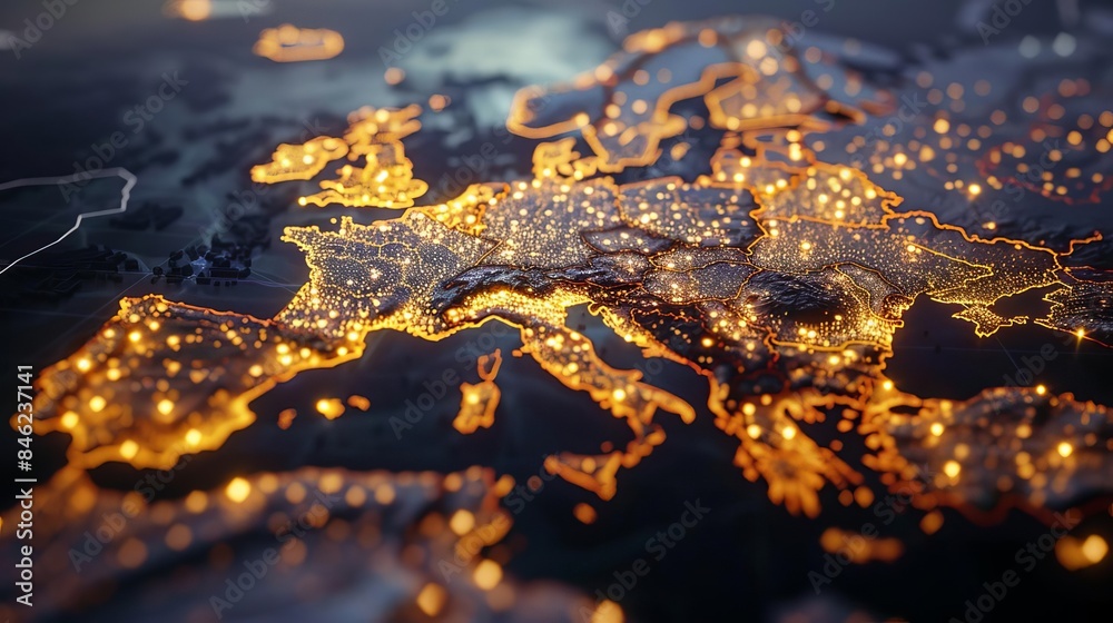 Glowing digital map of Europe, Glowing digital map of Europe,