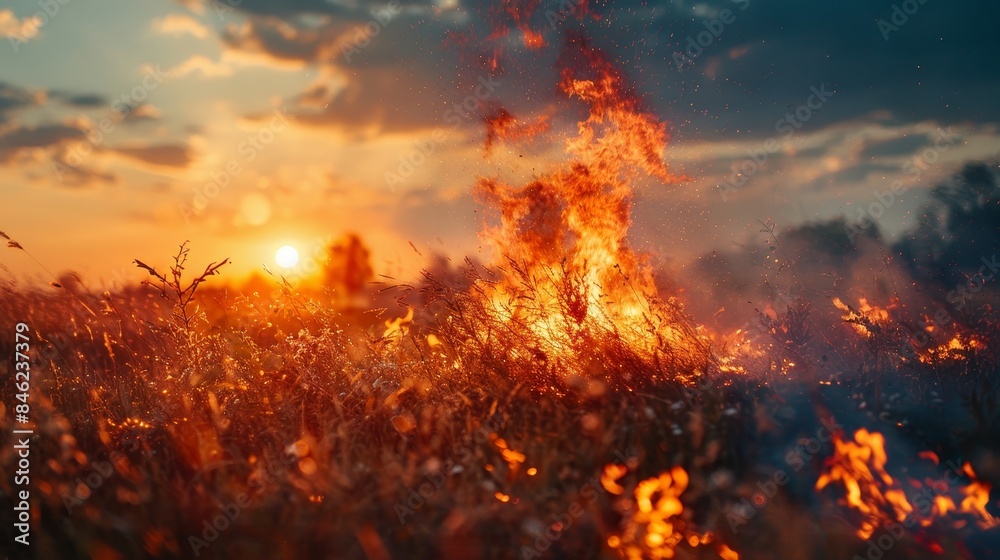 Burning dry vegetation. Burning grass, starting a fire, rash actions, arson Burning dry vegetation. Burning grass, starting a fire, rash actions, arson