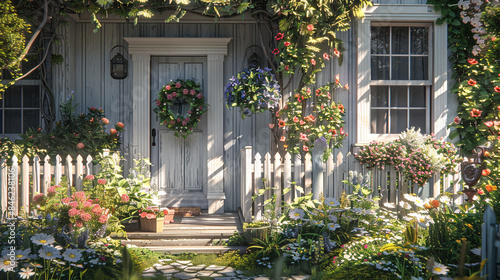 A Cape Cod style house with a white picket fence and window boxes filled with cheerful flowers, evoking a sense of nostalgia and charm. © ZahidaQamar