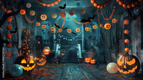 Halloween party scene with hanging decorations and balloon garlands,