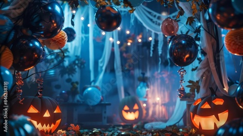 Halloween party scene with hanging decorations and balloon garlands,