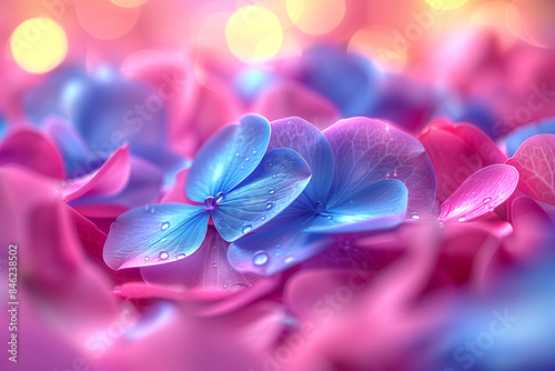 A close up of a bunch of flowers with blue petals. The flowers are in a pinkish purple color photo