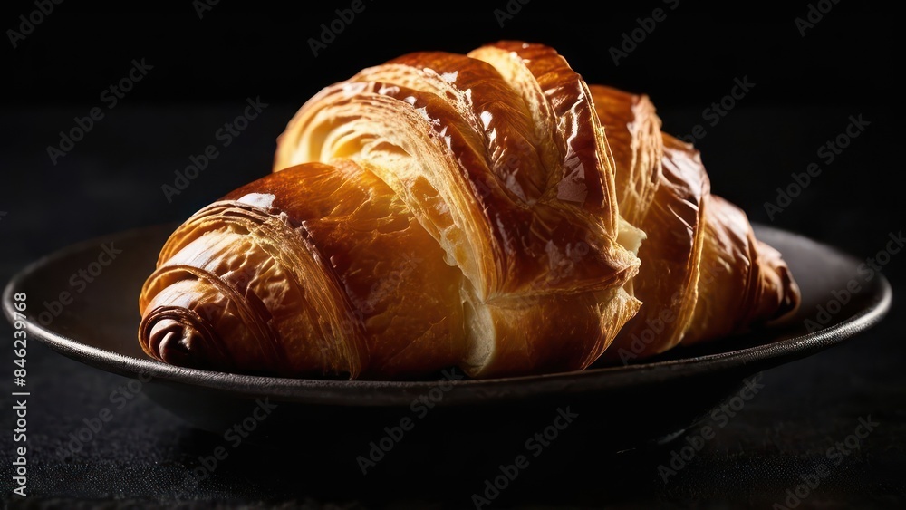 Fototapeta premium Elegant Serenity, A Stack of Golden Croissants on a Black Plate