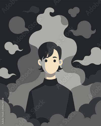 The fog is a constant presence following the person wherever they go and clouding their judgment.. Vector illustration