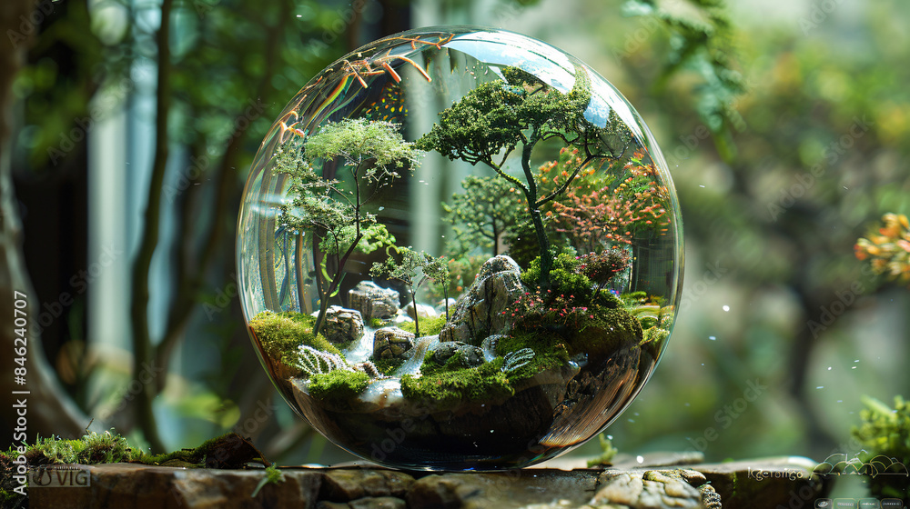 Miniature Forest in Glass Sphere for Nature Background Miniature Forest in Glass Sphere for Nature Background