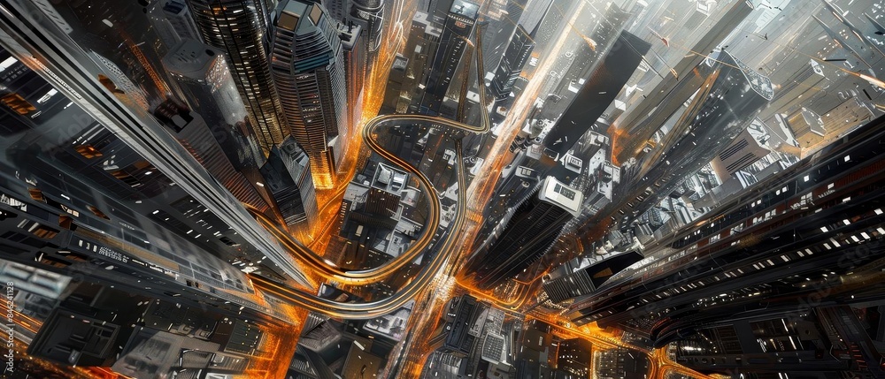 Illustrate a futuristic cityscape from a dramatic tilted angle, emphasizing interconnected architecture, roads, and transportation in a photorealistic digital painting,