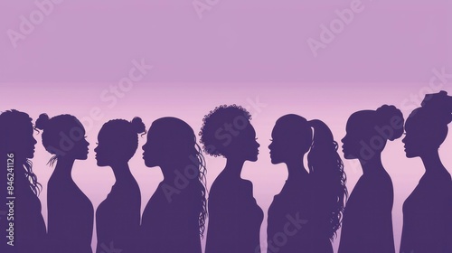 Experience the artistic interpretation of diverse silhouette women against a rich purple backdrop, emphasizing simplicity and minimalism with spacious empty space