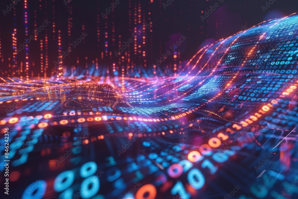 A concept art of a computer mining data with binary code and data streams flowing out A concept art of a computer mining data with binary code and data streams flowing out