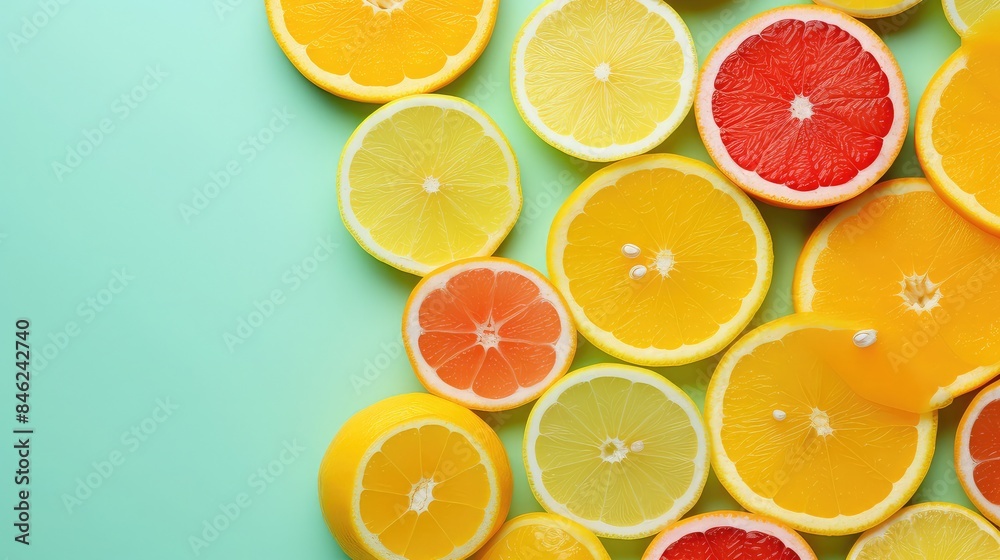 Citrus fruit slices on a bright background, Fresh, Pop Art, Colorful fruits, clear space for text