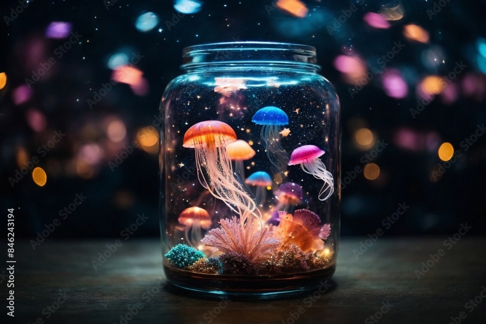 Glowing jellyfish in an aquarium Glowing jellyfish in an aquarium